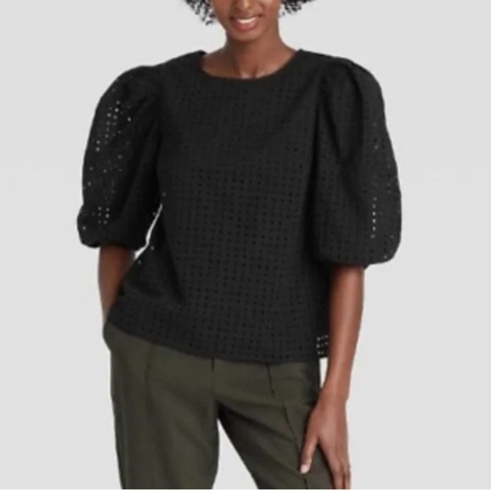 A New Day Women's Short Puff Sleeve Eyelet Top- Black‎
